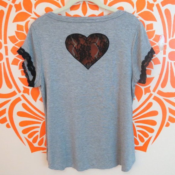 Betsey Johnson Tops - Betsy Johnson Gray T-Shirt with Lace Heart L